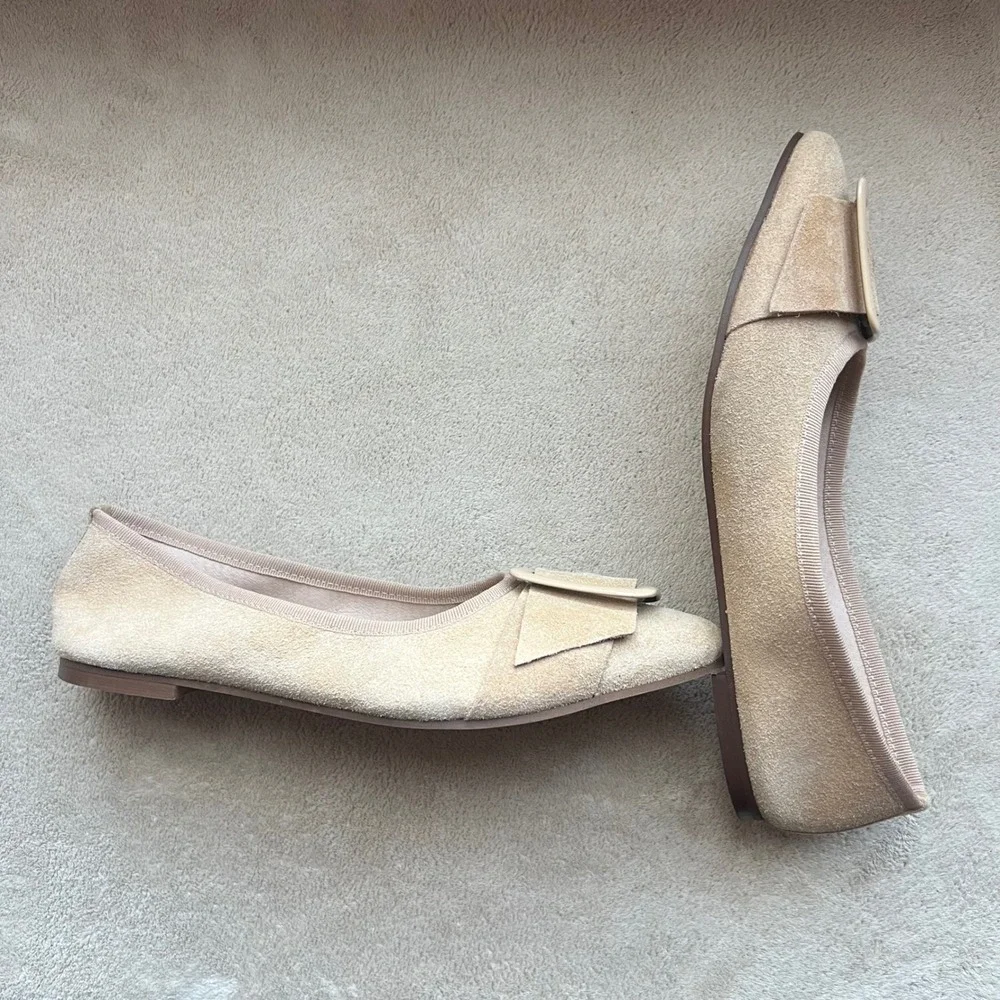 Avellini Women 8 EU‎ 39 Tan Suede Pointed Toe Buckle Ballet Flats Italy Classic
